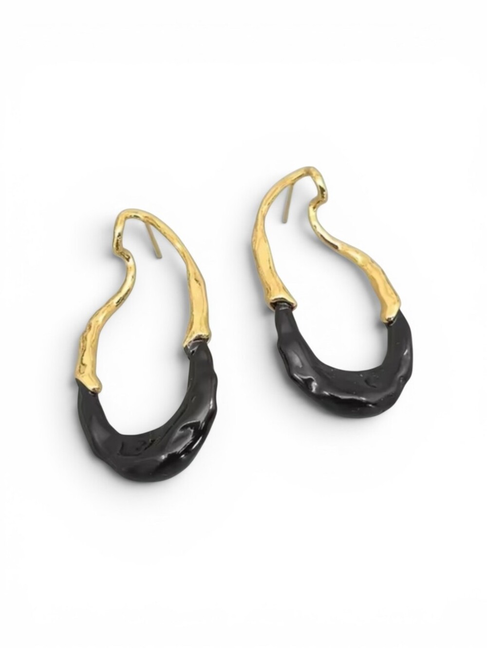 Black enamel and gold drip dangle earrings; nwot